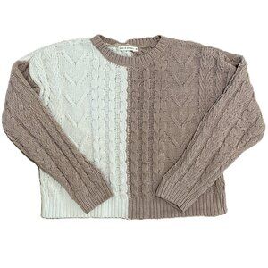 Moon & Madison Ivory‎ White/Taupe Cropped Cable Knit Sweater Size Medium Women's